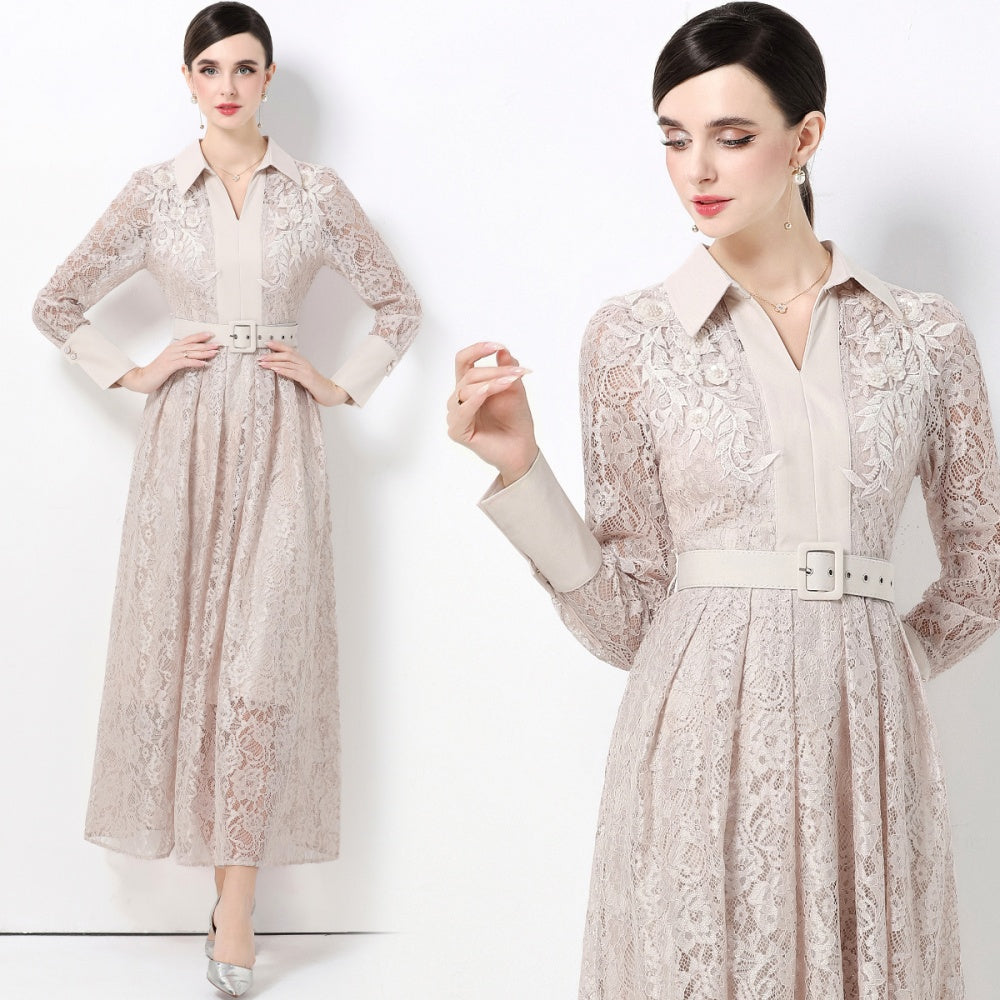 CM-DY059582 Women Elegant European Style Lace Collar Neckline Long Sleeve High Waist Belted A-Line Dress - Apricot