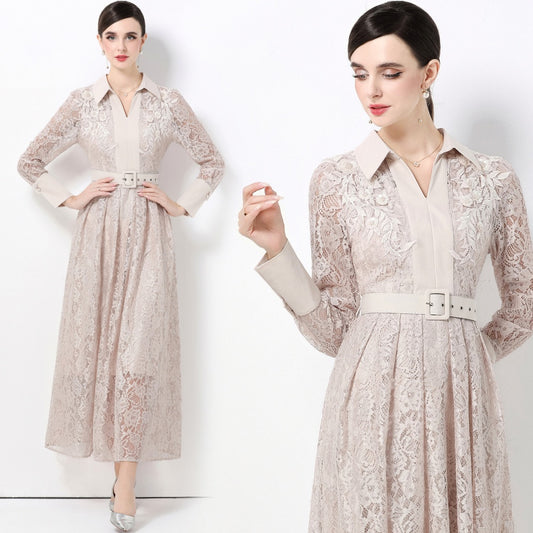 CM-DY059582 Women Elegant European Style Lace Collar Neckline Long Sleeve High Waist Belted A-Line Dress - Apricot