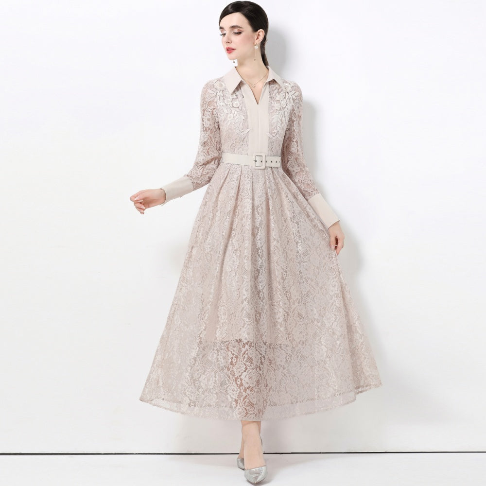 CM-DY059582 Women Elegant European Style Lace Collar Neckline Long Sleeve High Waist Belted A-Line Dress - Apricot