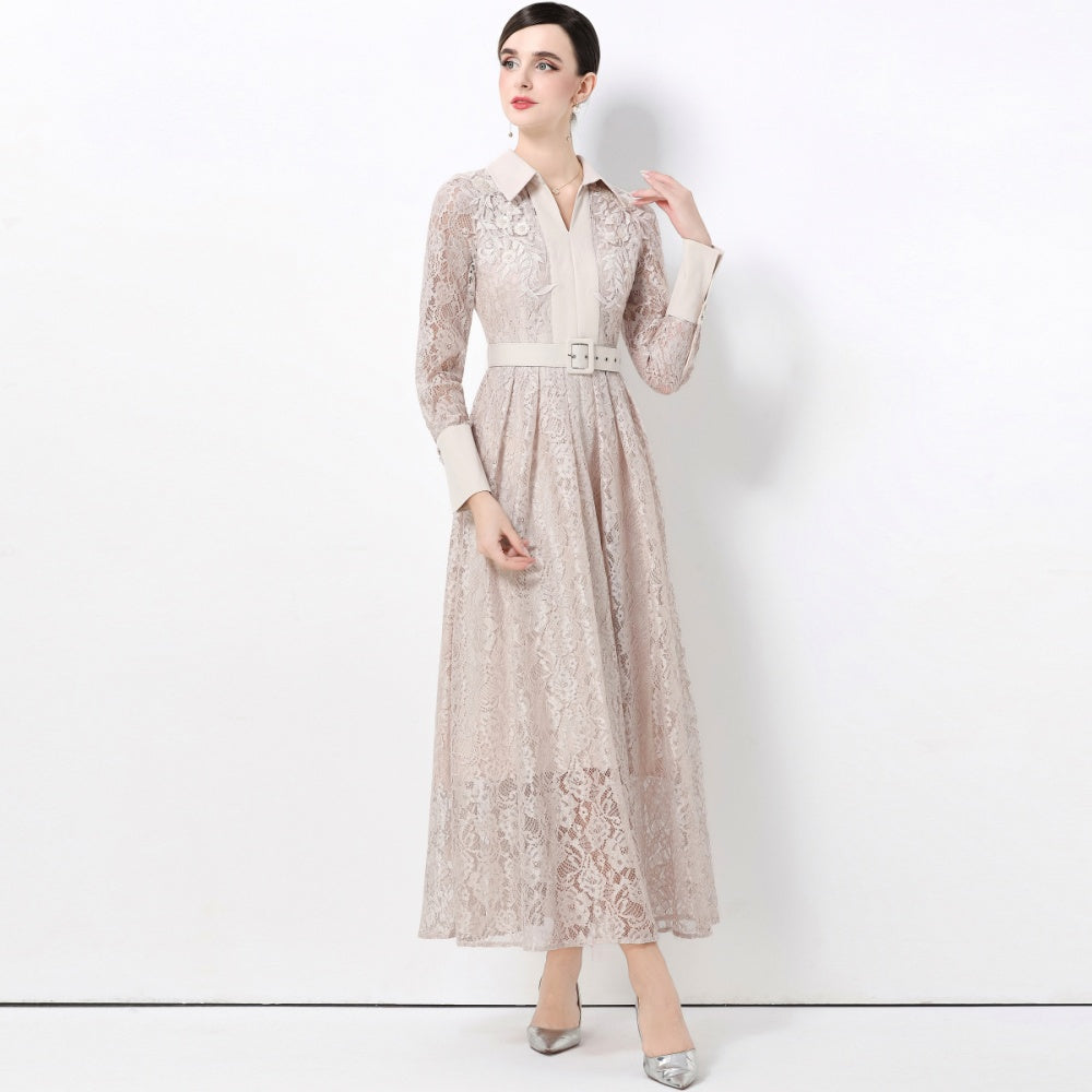 CM-DY059582 Women Elegant European Style Lace Collar Neckline Long Sleeve High Waist Belted A-Line Dress - Apricot