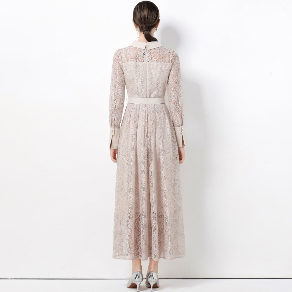 CM-DY059582 Women Elegant European Style Lace Collar Neckline Long Sleeve High Waist Belted A-Line Dress - Apricot
