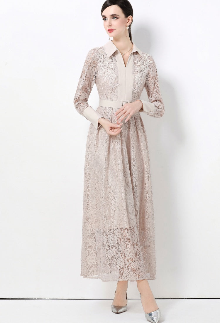CM-DY059582 Women Elegant European Style Lace Collar Neckline Long Sleeve High Waist Belted A-Line Dress - Apricot