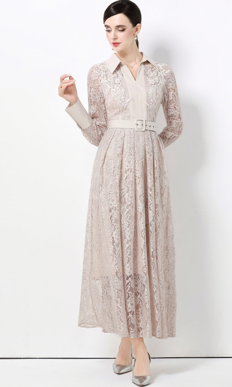 CM-DY059582 Women Elegant European Style Lace Collar Neckline Long Sleeve High Waist Belted A-Line Dress - Apricot