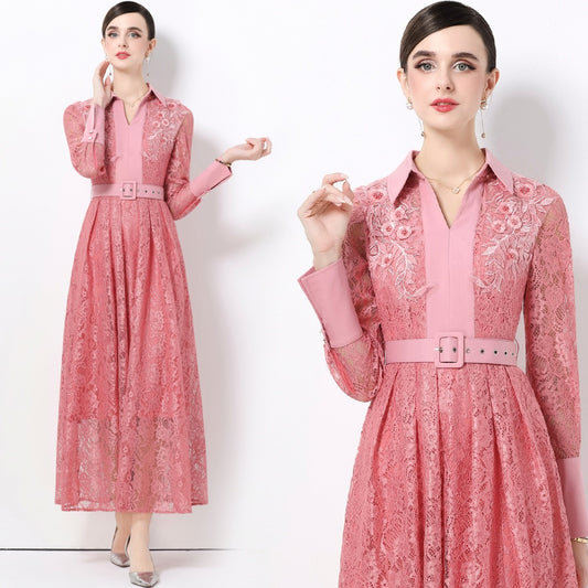 CM-DY059583 Women Elegant European Style Lace Collar Neckline Long Sleeve High Waist Belted A-Line Dress - Pink