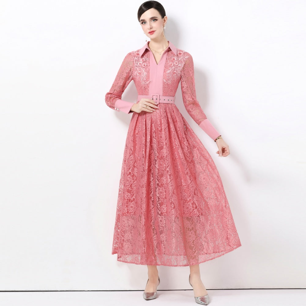 CM-DY059583 Women Elegant European Style Lace Collar Neckline Long Sleeve High Waist Belted A-Line Dress - Pink