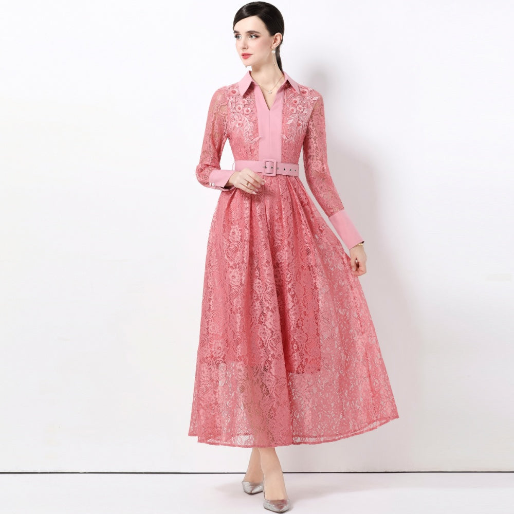 CM-DY059583 Women Elegant European Style Lace Collar Neckline Long Sleeve High Waist Belted A-Line Dress - Pink