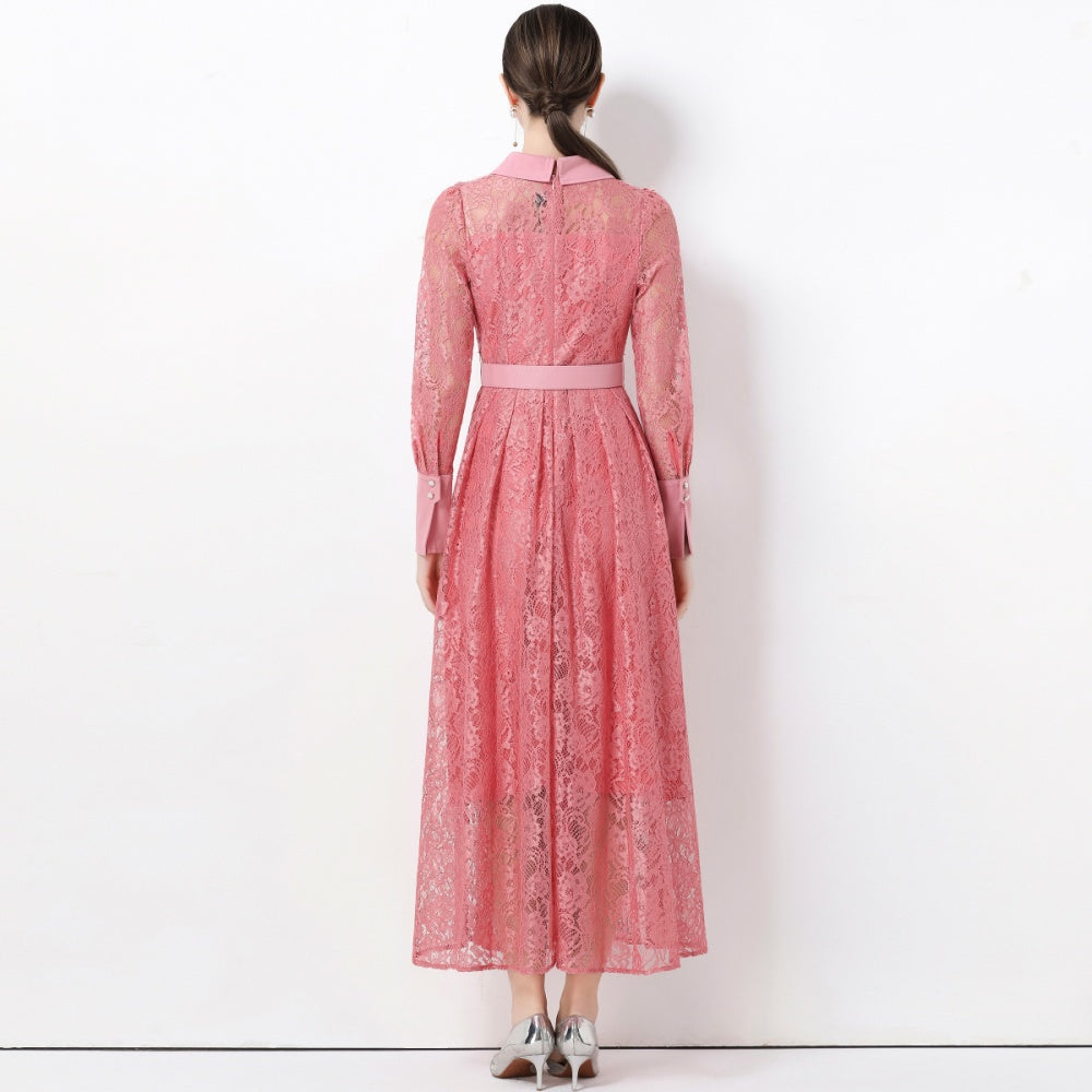 CM-DY059583 Women Elegant European Style Lace Collar Neckline Long Sleeve High Waist Belted A-Line Dress - Pink