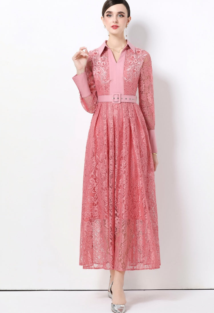 CM-DY059583 Women Elegant European Style Lace Collar Neckline Long Sleeve High Waist Belted A-Line Dress - Pink