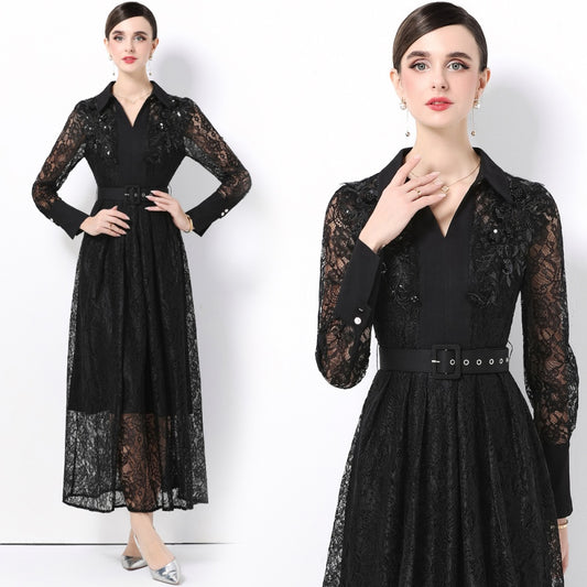 CM-DY059584 Women Elegant European Style Lace Collar Neckline Long Sleeve High Waist Belted A-Line Dress - Black