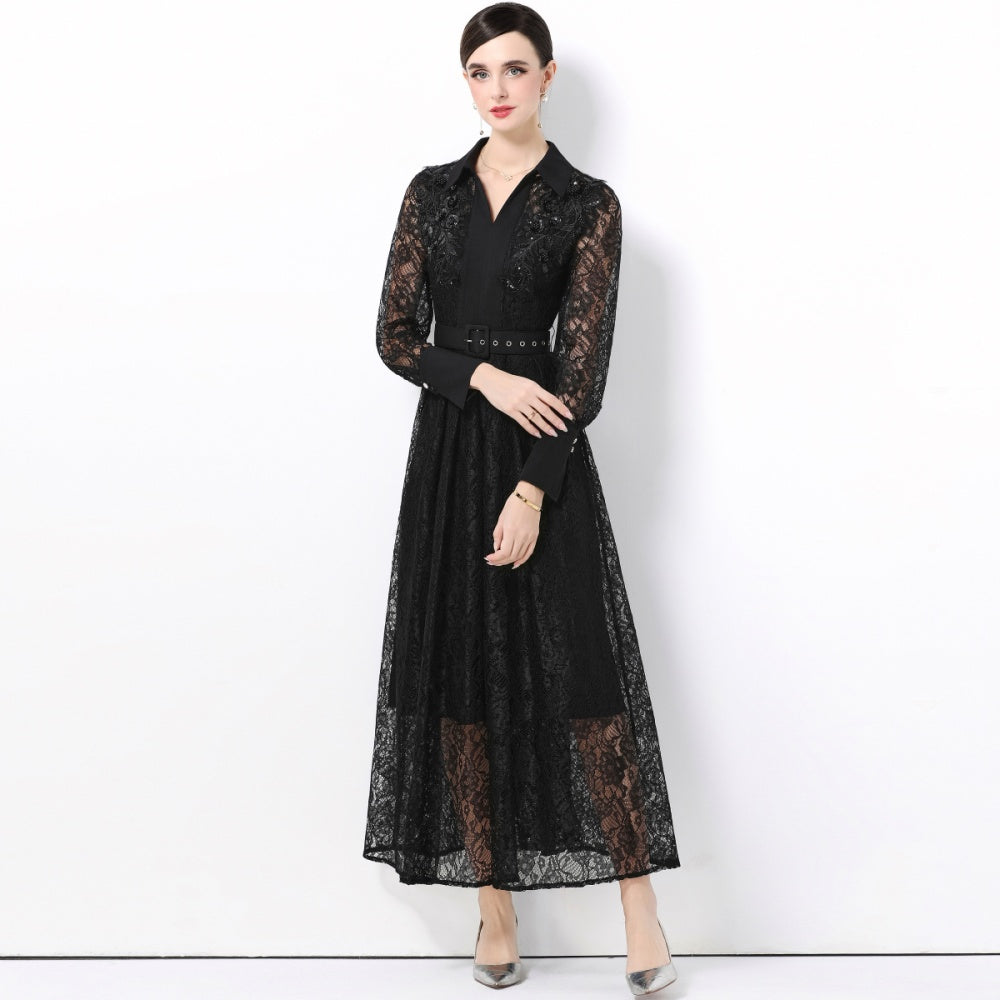 CM-DY059584 Women Elegant European Style Lace Collar Neckline Long Sleeve High Waist Belted A-Line Dress - Black