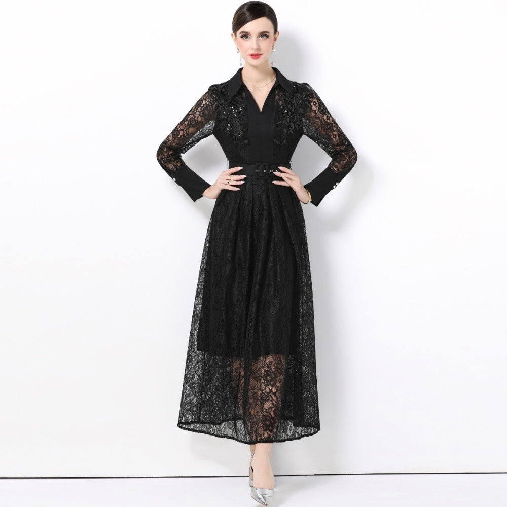 CM-DY059584 Women Elegant European Style Lace Collar Neckline Long Sleeve High Waist Belted A-Line Dress - Black