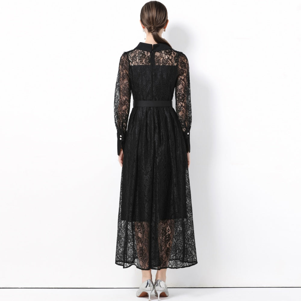 CM-DY059584 Women Elegant European Style Lace Collar Neckline Long Sleeve High Waist Belted A-Line Dress - Black