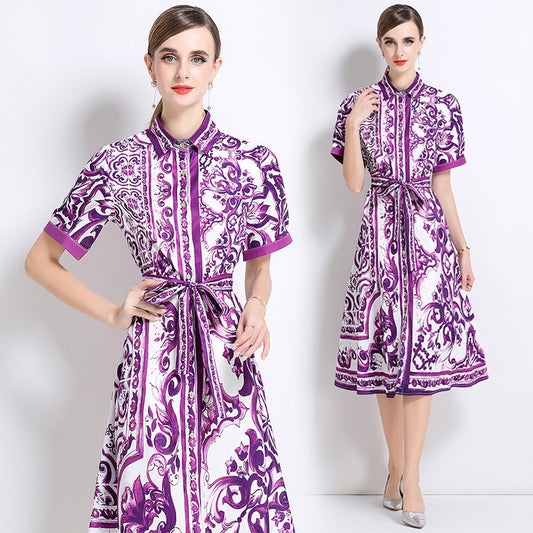 CM-DY060003 Women Elegant European Style Collar Neckline Short Sleeve All-Over Print Slim Mini Dress