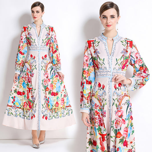 CM-DY060006 Women Elegant European Style V-Neck Long Sleeve All-Over Print Single-Breasted Maxi Dress