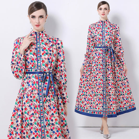 CM-DY060007 Women Elegant European Style Stand Collar Long Sleeve All-Over Print Maxi Dress