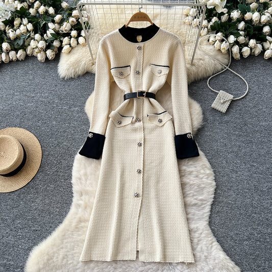 CM-DY060396 Women Elegant European Style Round Neck Long Sleeve High Waist A-Line Maxi Dress (Available in 3 colors)