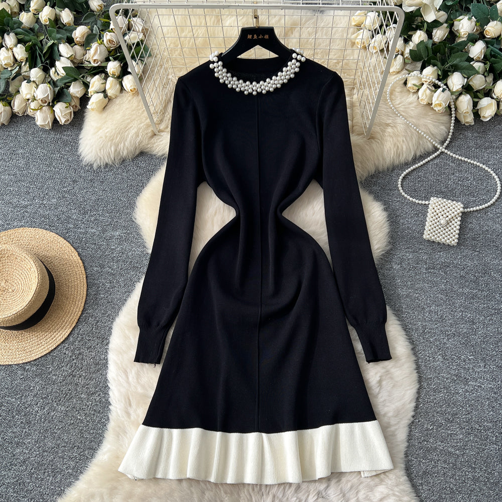 CM-DY060416 Women Elegant European Style Beads Decor Round Neck Long Sleeve High Waist Mini Dress (Available in 2 colors)