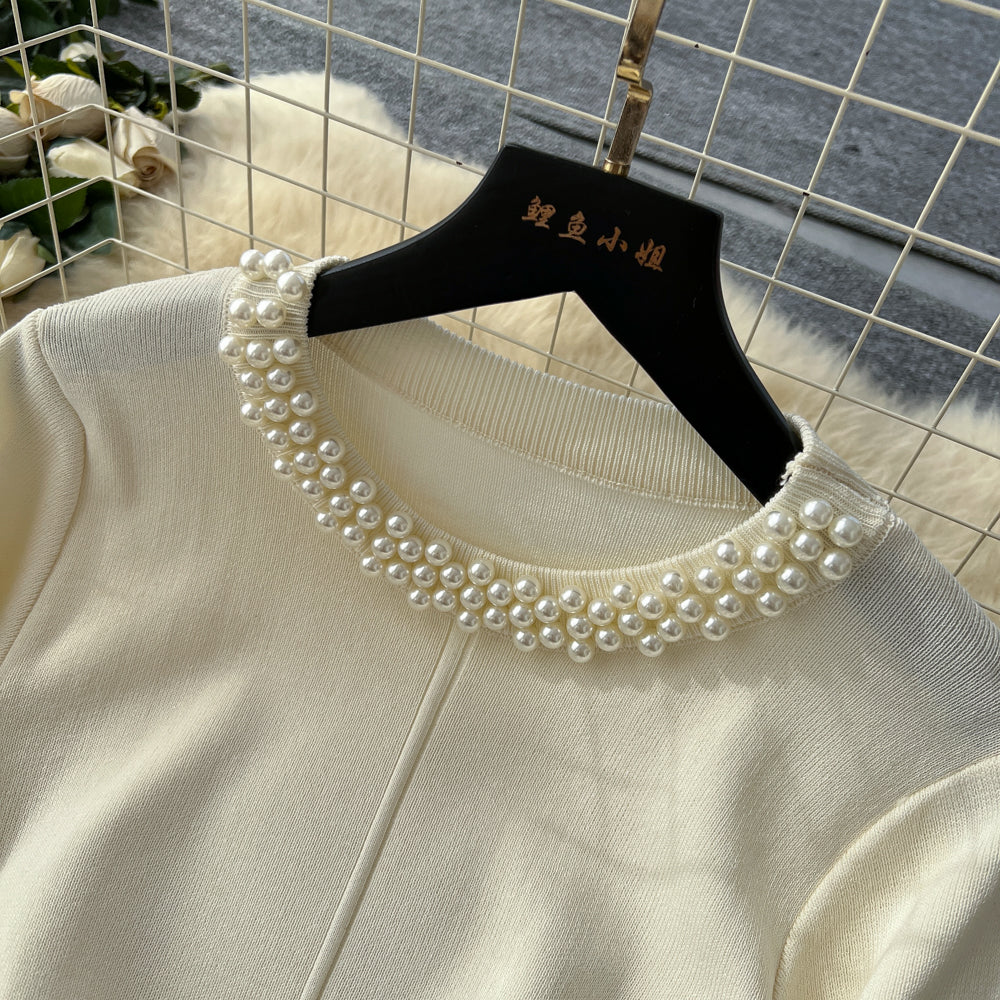 CM-DY060416 Women Elegant European Style Beads Decor Round Neck Long Sleeve High Waist Mini Dress (Available in 2 colors)