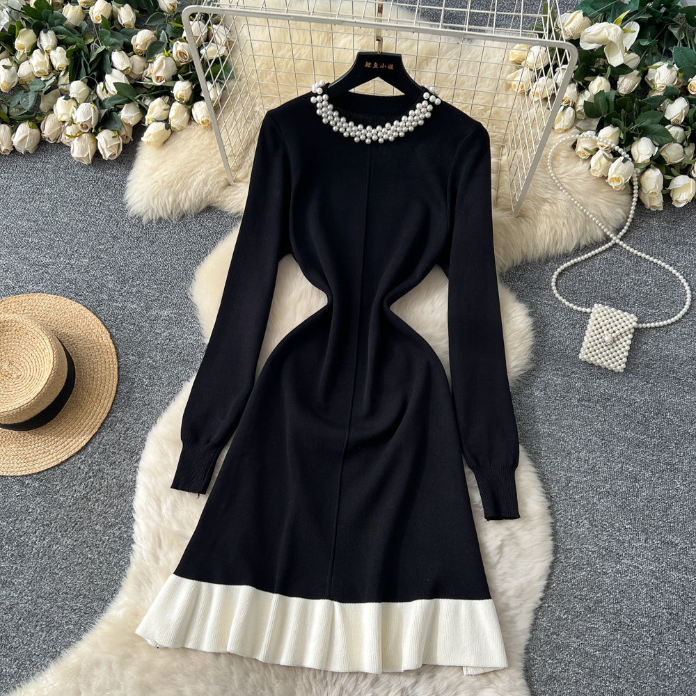CM-DY060416 Women Elegant European Style Beads Decor Round Neck Long Sleeve High Waist Mini Dress (Available in 2 colors)