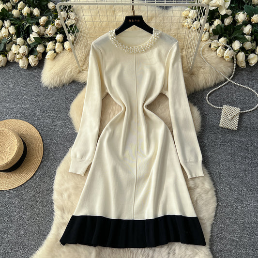 CM-DY060416 Women Elegant European Style Beads Decor Round Neck Long Sleeve High Waist Mini Dress (Available in 2 colors)