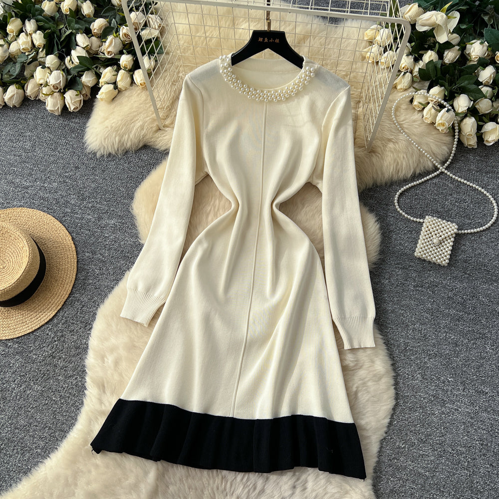 CM-DY060416 Women Elegant European Style Beads Decor Round Neck Long Sleeve High Waist Mini Dress (Available in 2 colors)