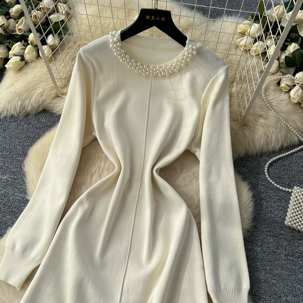 CM-DY060416 Women Elegant European Style Beads Decor Round Neck Long Sleeve High Waist Mini Dress (Available in 2 colors)