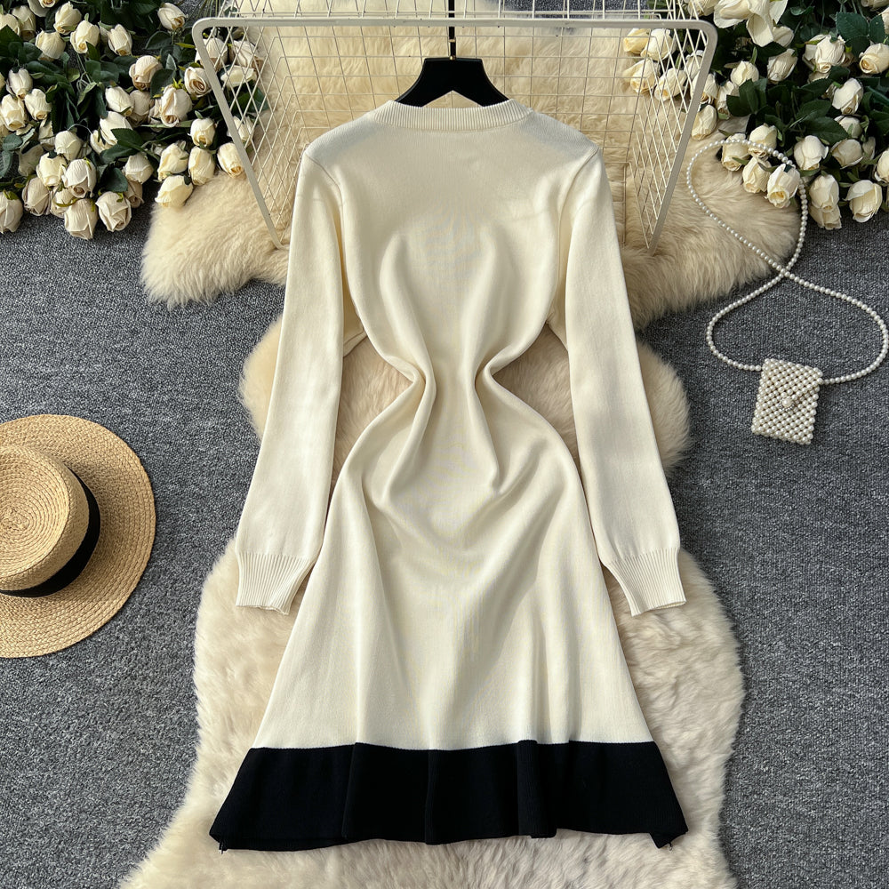 CM-DY060416 Women Elegant European Style Beads Decor Round Neck Long Sleeve High Waist Mini Dress (Available in 2 colors)
