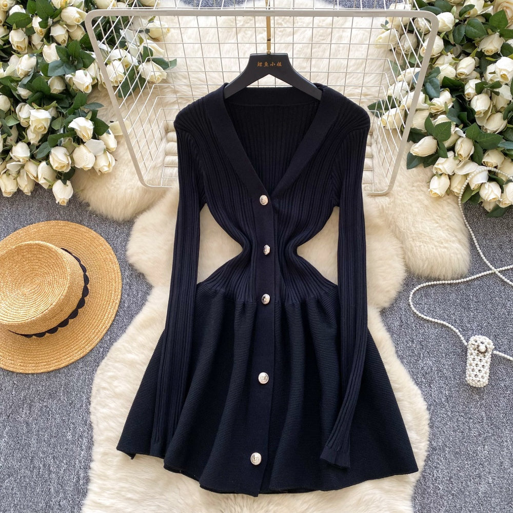 CM-DY060502 Women Elegant European Style V-Neck Long Sleeve Slim Pinched Waist Mini Dress (Available in 5 colors)