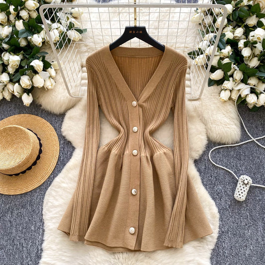 CM-DY060502 Women Elegant European Style V-Neck Long Sleeve Slim Pinched Waist Mini Dress (Available in 5 colors)