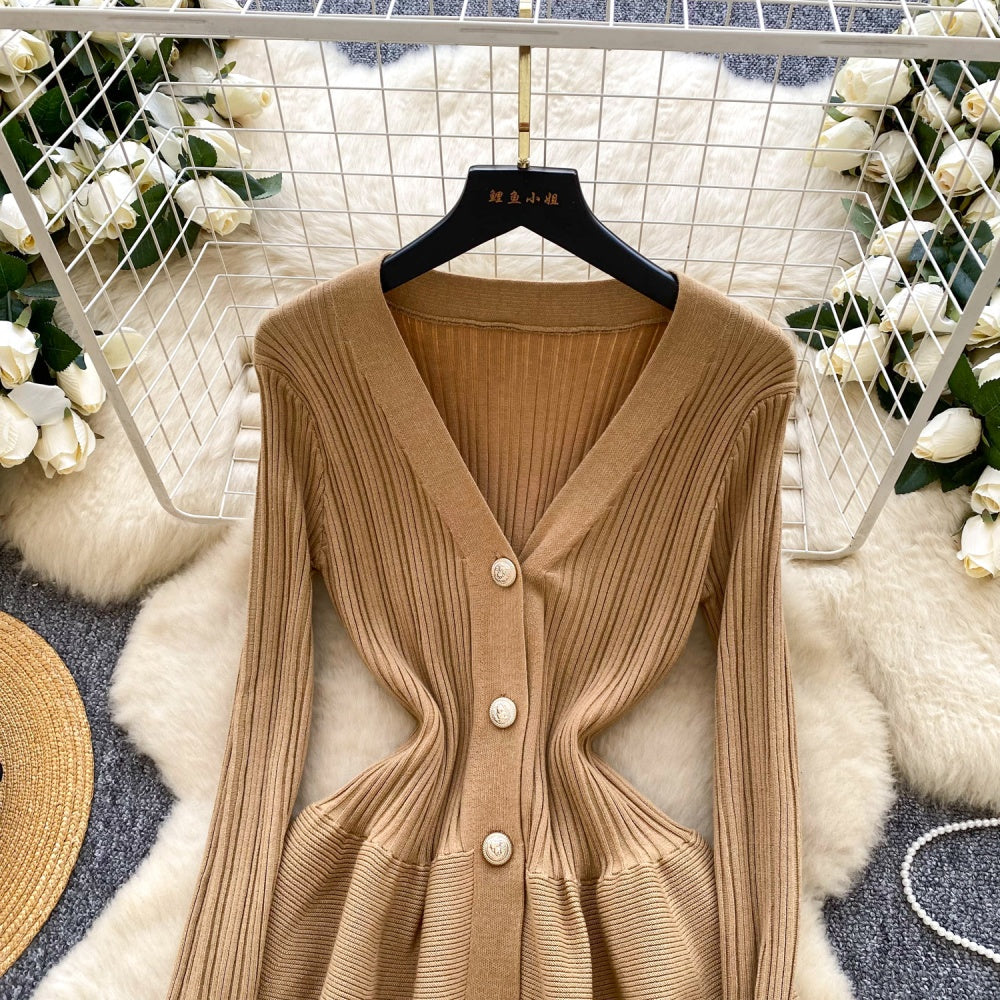 CM-DY060502 Women Elegant European Style V-Neck Long Sleeve Slim Pinched Waist Mini Dress (Available in 5 colors)