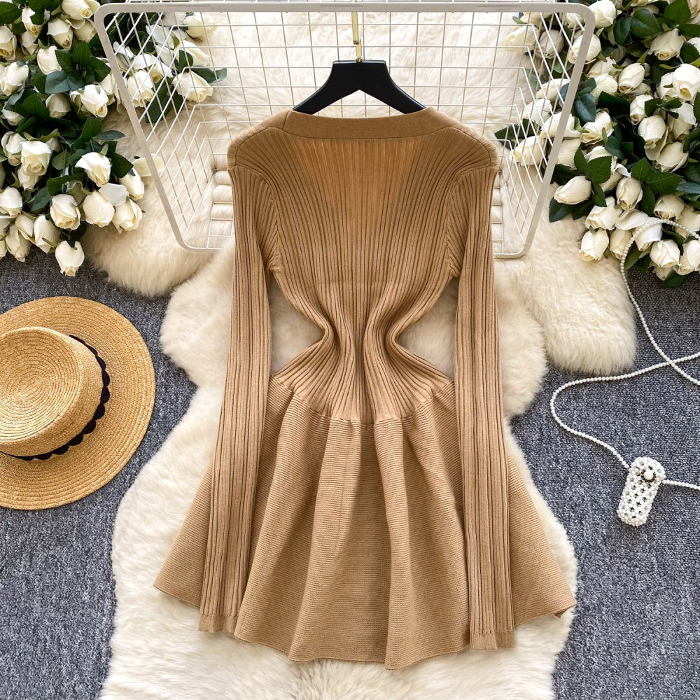 CM-DY060502 Women Elegant European Style V-Neck Long Sleeve Slim Pinched Waist Mini Dress (Available in 5 colors)