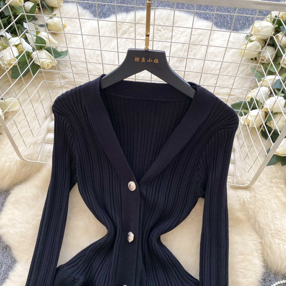 CM-DY060502 Women Elegant European Style V-Neck Long Sleeve Slim Pinched Waist Mini Dress (Available in 5 colors)