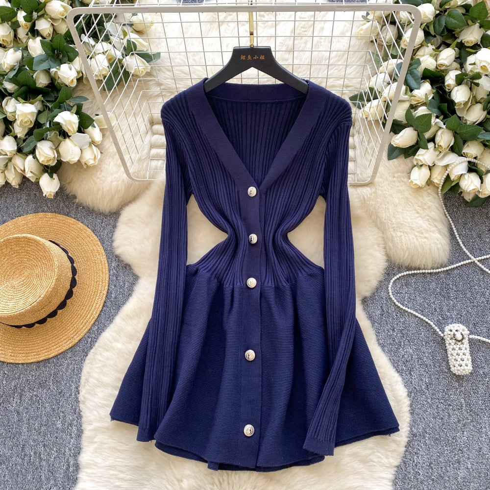 CM-DY060502 Women Elegant European Style V-Neck Long Sleeve Slim Pinched Waist Mini Dress (Available in 5 colors)