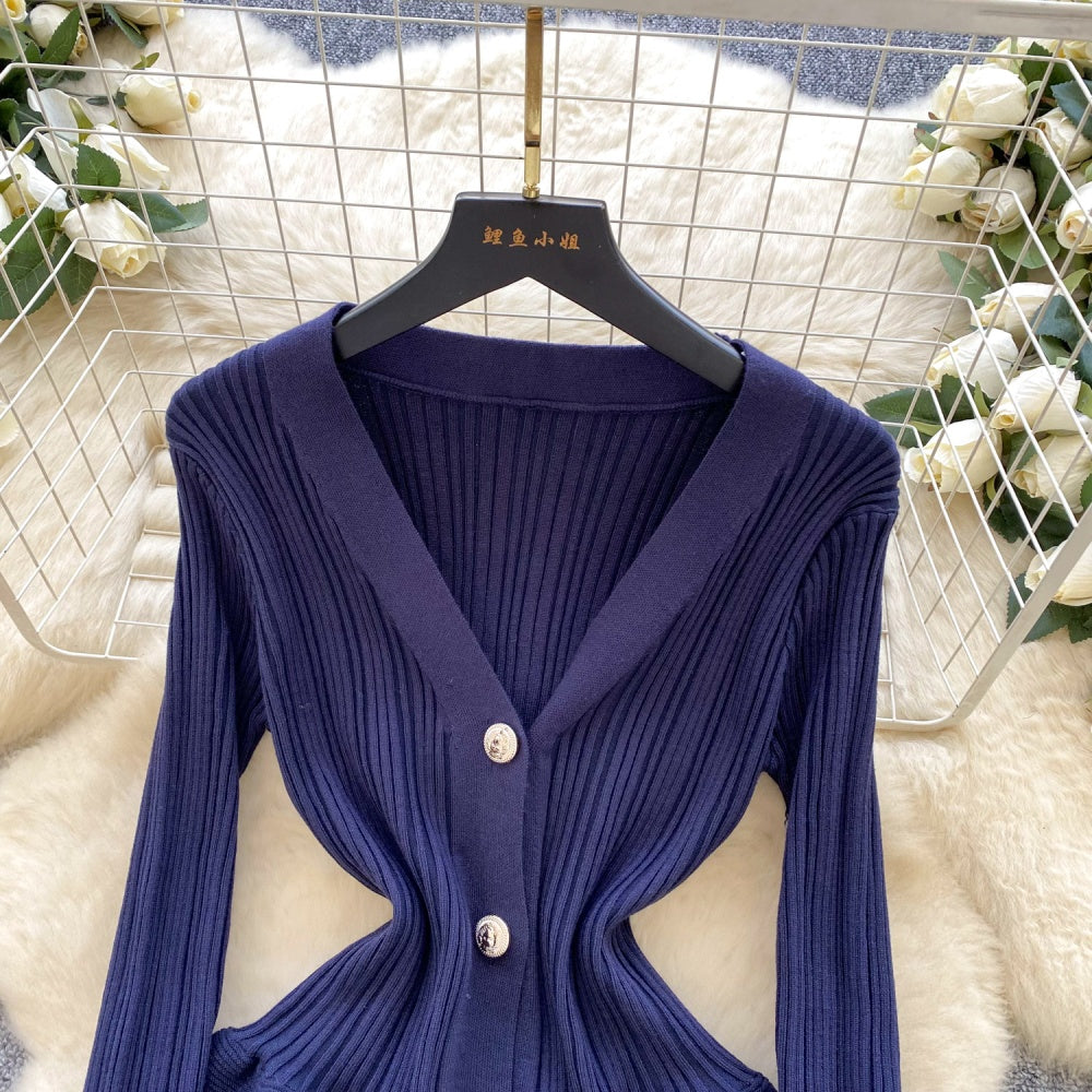CM-DY060502 Women Elegant European Style V-Neck Long Sleeve Slim Pinched Waist Mini Dress (Available in 5 colors)