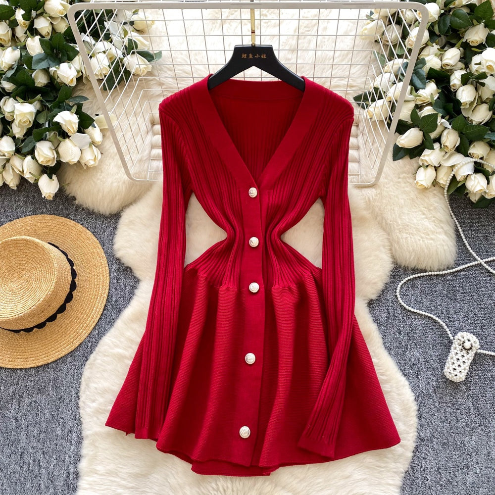 CM-DY060502 Women Elegant European Style V-Neck Long Sleeve Slim Pinched Waist Mini Dress (Available in 5 colors)