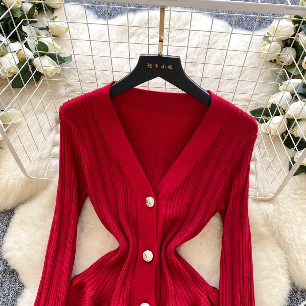 CM-DY060502 Women Elegant European Style V-Neck Long Sleeve Slim Pinched Waist Mini Dress (Available in 5 colors)
