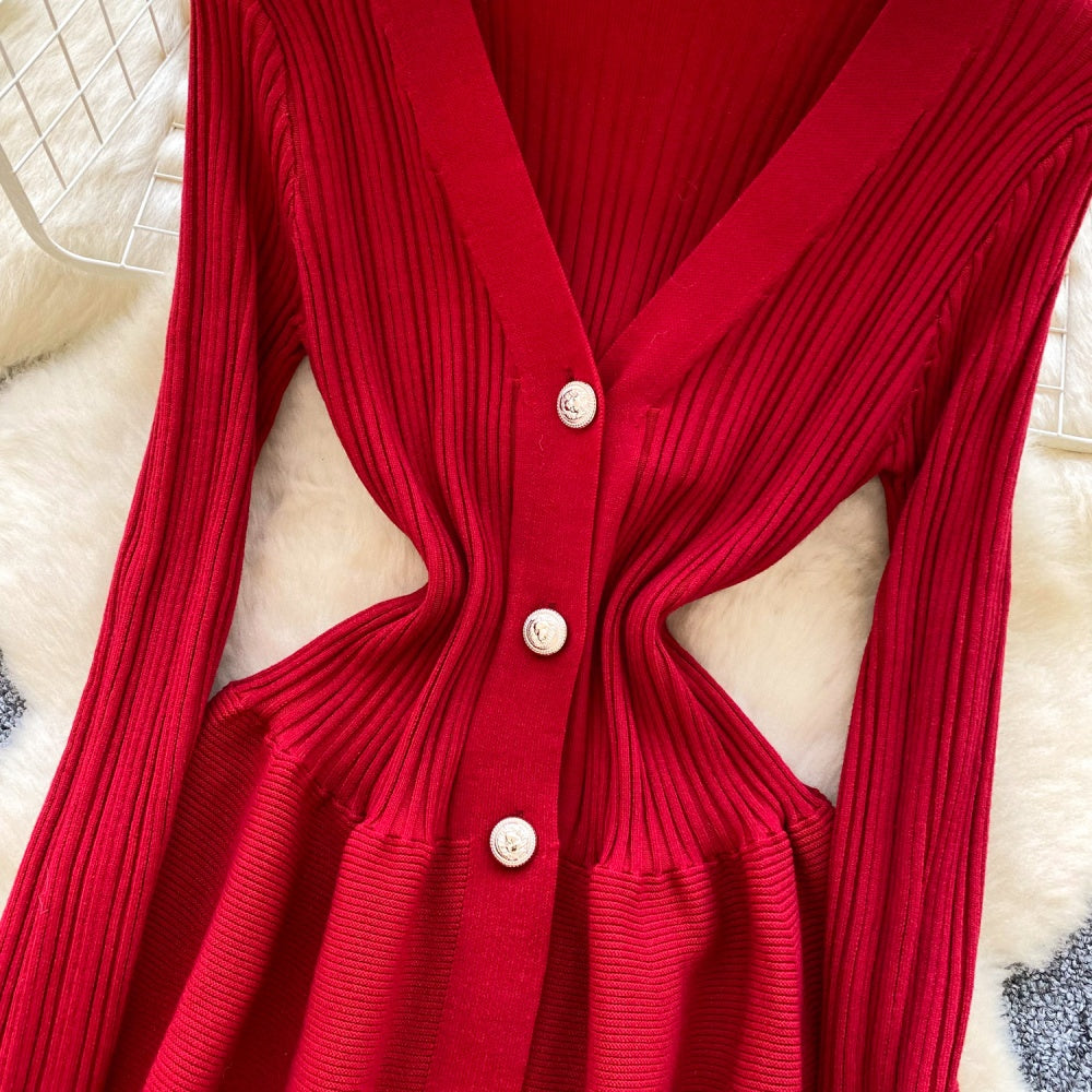 CM-DY060502 Women Elegant European Style V-Neck Long Sleeve Slim Pinched Waist Mini Dress (Available in 5 colors)