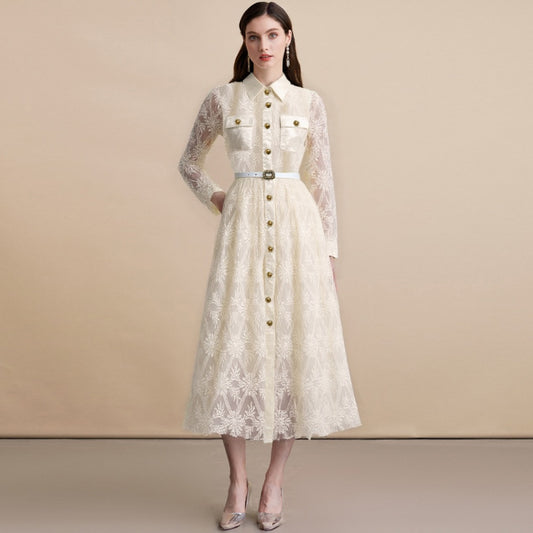 CM-DY060574 Women Elegant European Style Collar NecklineSingle-Breasted Pinched Waist Long Dress - Apricot