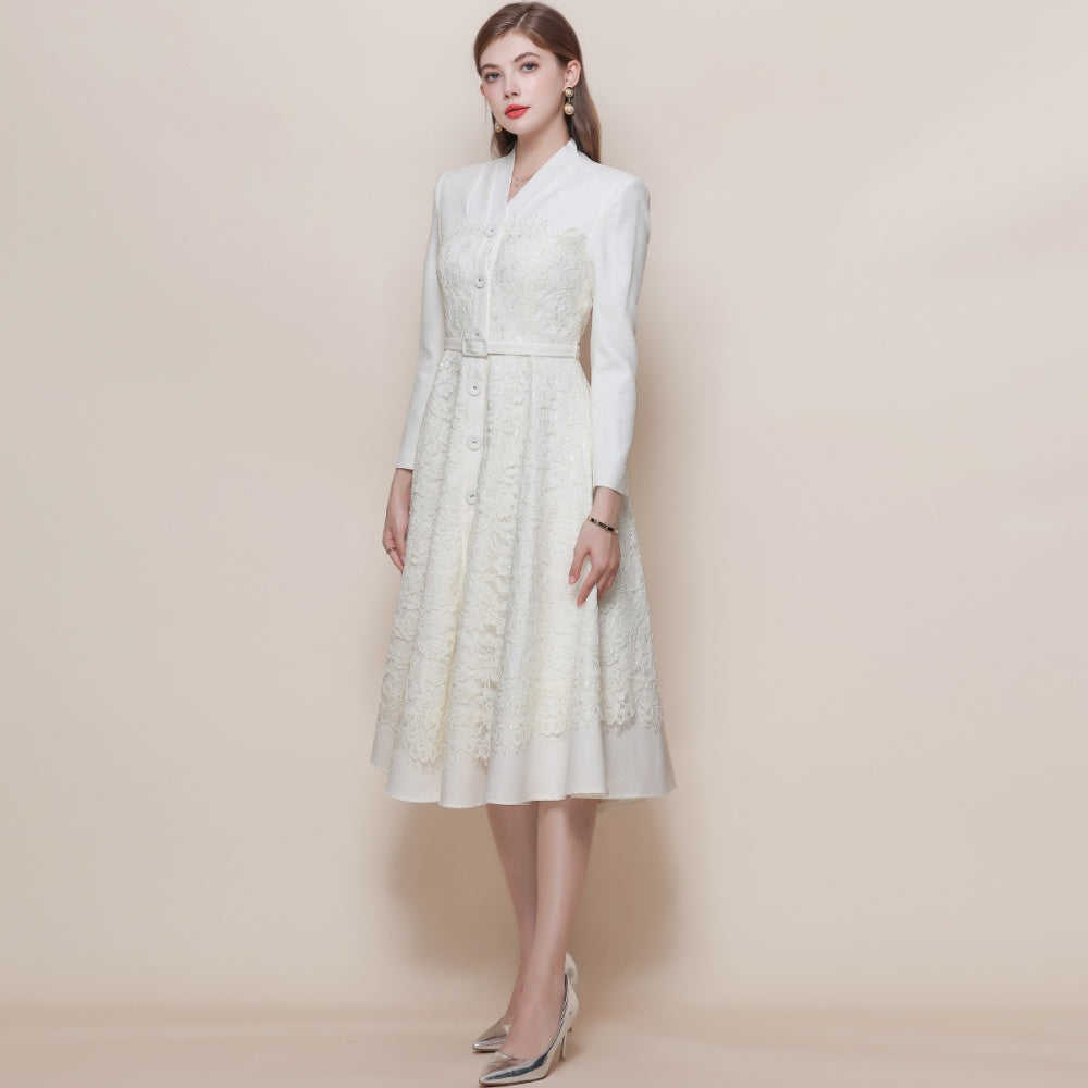 CM-DY060576 Women Elegant European Style V-Neck Long Sleeve High Waist Lace With Belt - Apricot