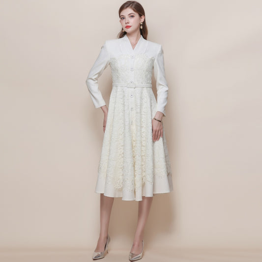 CM-DY060576 Women Elegant European Style V-Neck Long Sleeve High Waist Lace With Belt - Apricot