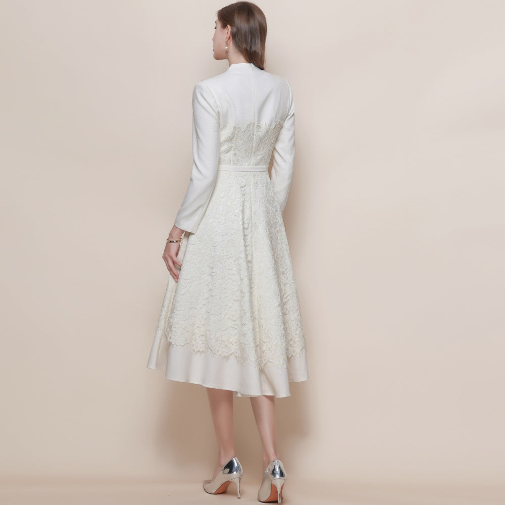 CM-DY060576 Women Elegant European Style V-Neck Long Sleeve Lace Dress With Belt - Apricot