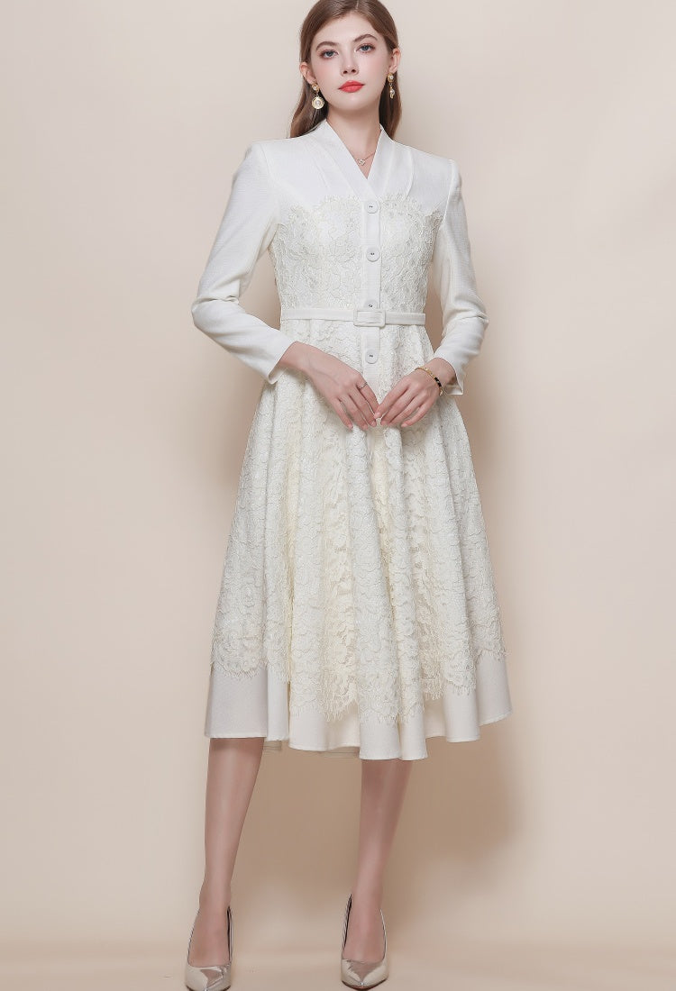 CM-DY060576 Women Elegant European Style V-Neck Long Sleeve High Waist Lace With Belt - Apricot