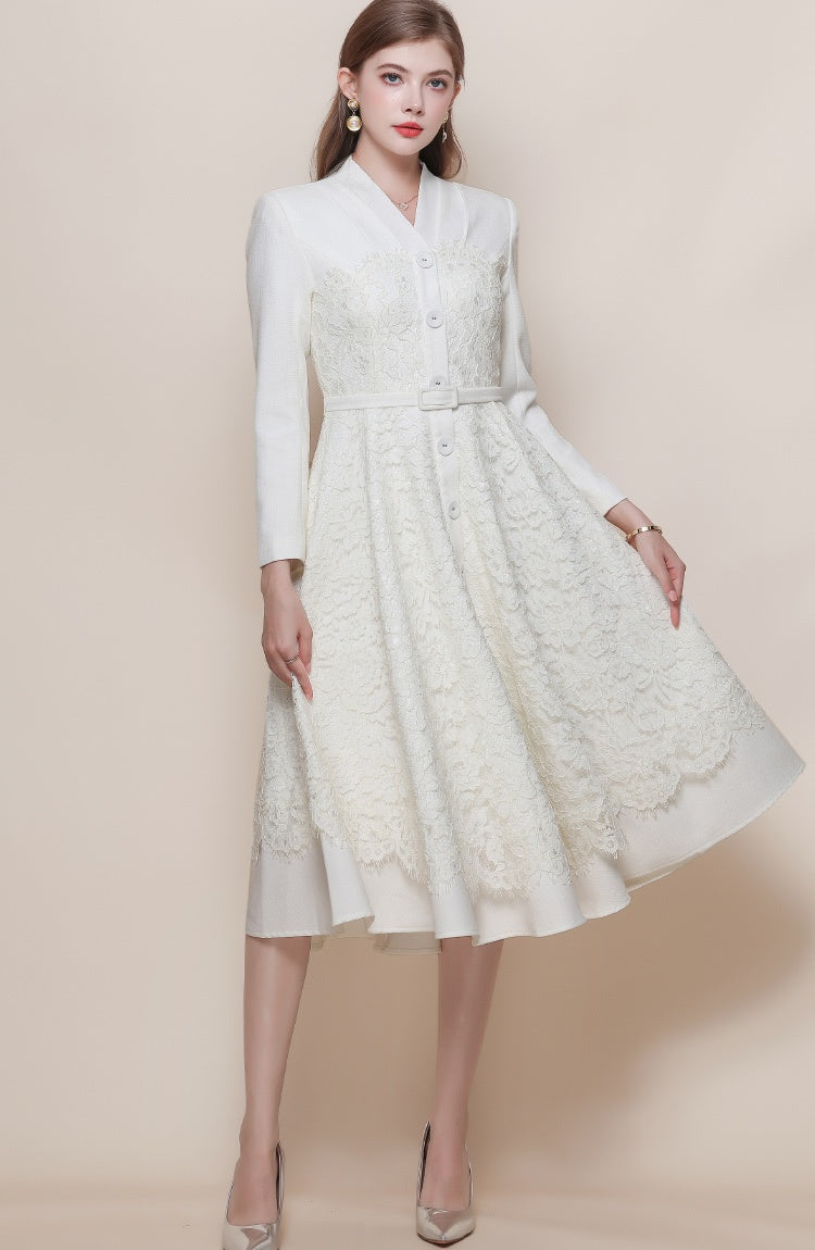 CM-DY060576 Women Elegant European Style V-Neck Long Sleeve High Waist Lace With Belt - Apricot