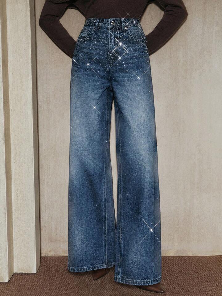CM-BS052931 Women Elegant Seoul Style Dark Wash Mid Waist Baggy Flared Leg Pants