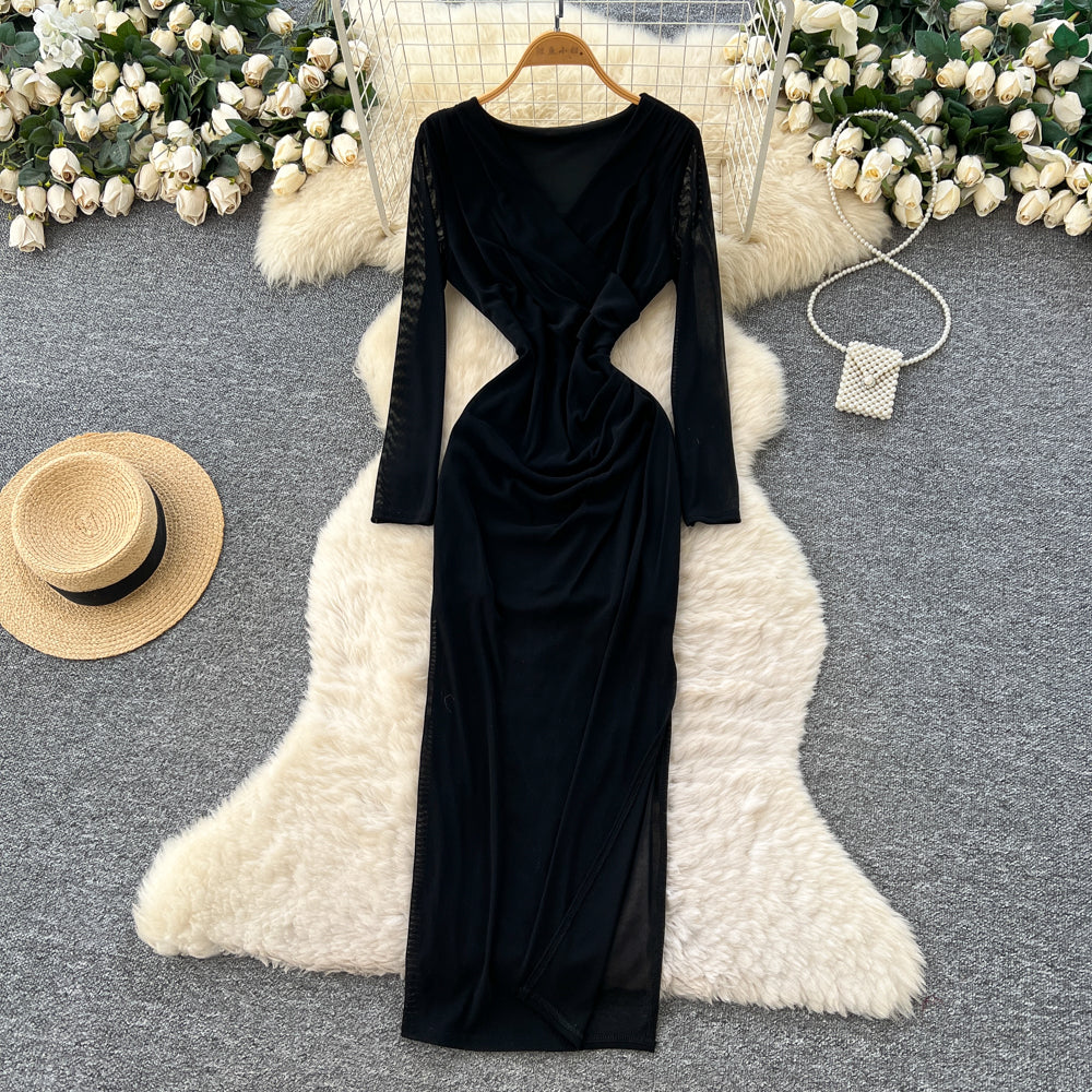 CM-DY061268 Women Elegant European V-Neck Lace Long Sleeve High Waist Split Cross Long Dress (Available in 3 colors)