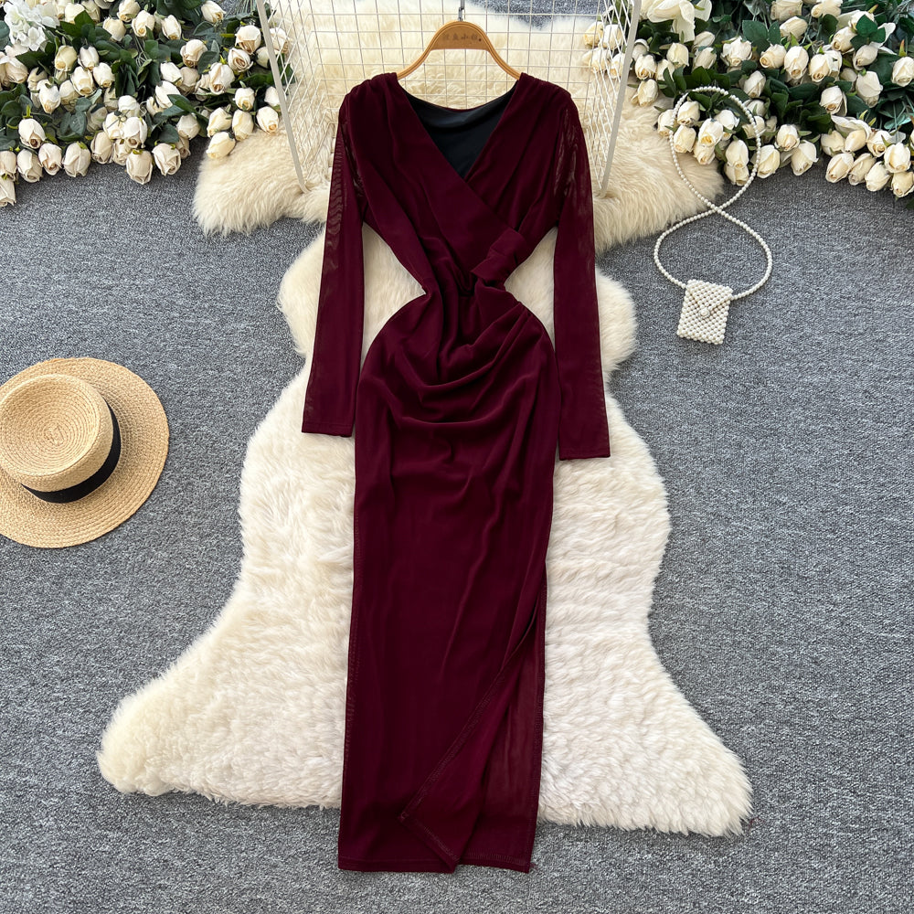 CM-DY061268 Women Elegant European V-Neck Lace Long Sleeve High Waist Split Cross Long Dress (Available in 3 colors)