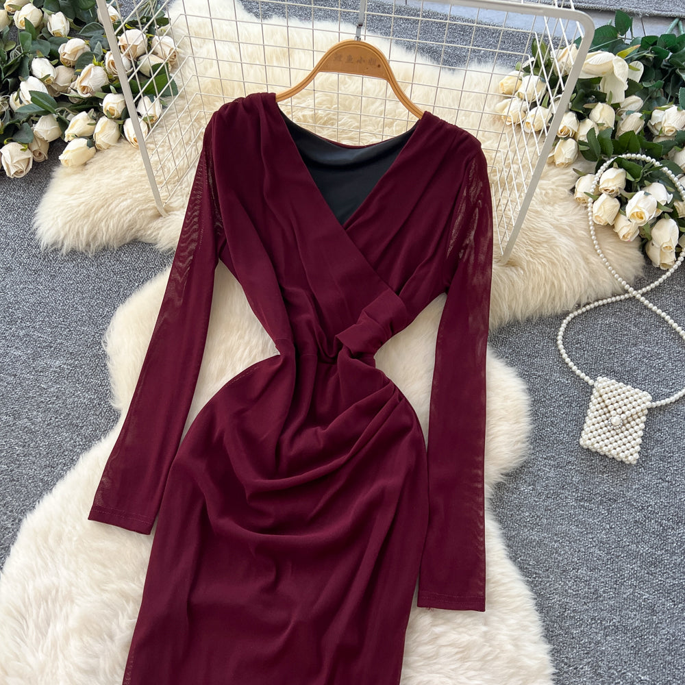 CM-DY061268 Women Elegant European V-Neck Lace Long Sleeve High Waist Split Cross Long Dress (Available in 3 colors)