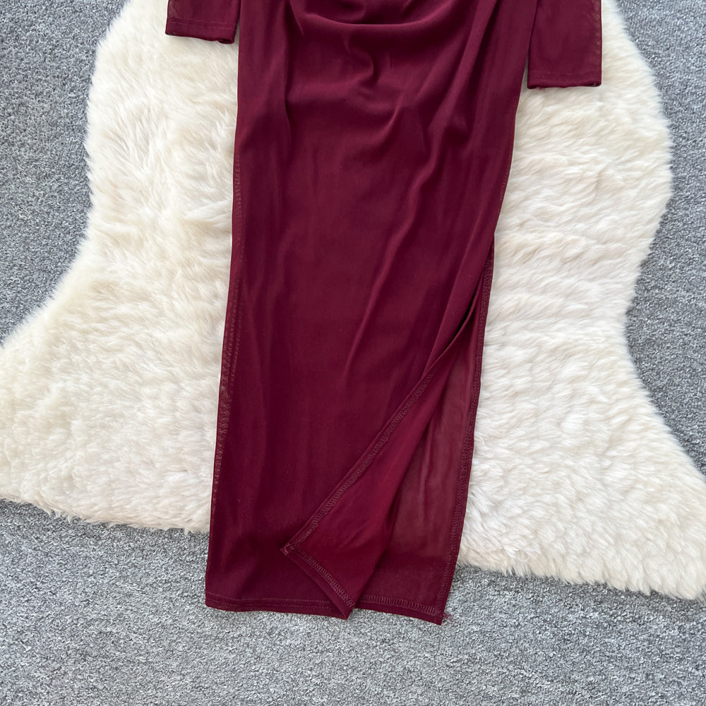 CM-DY061268 Women Elegant European V-Neck Lace Long Sleeve High Waist Split Cross Long Dress (Available in 3 colors)