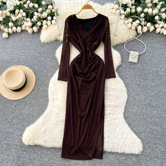 CM-DY061268 Women Elegant European V-Neck Lace Long Sleeve High Waist Split Cross Long Dress (Available in 3 colors)