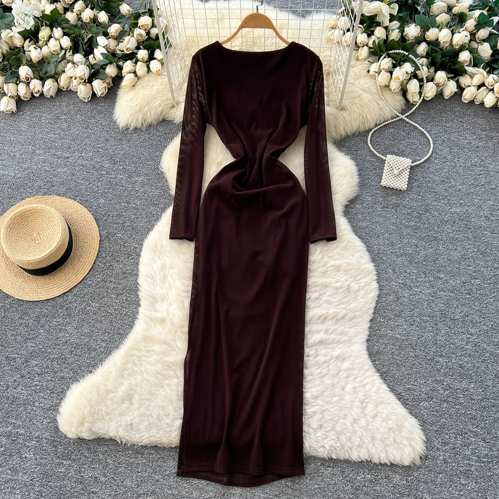 CM-DY061268 Women Elegant European V-Neck Lace Long Sleeve High Waist Split Cross Long Dress (Available in 3 colors)